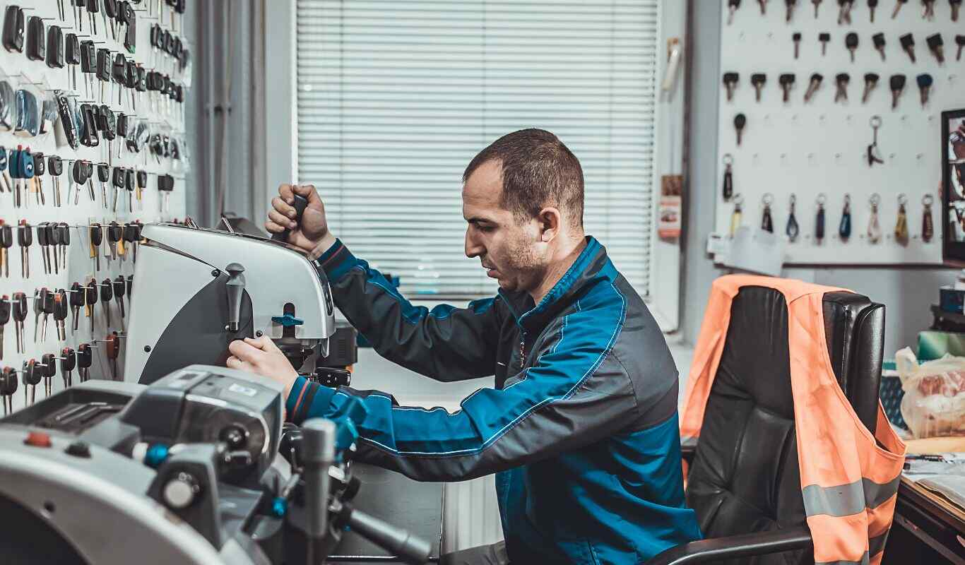 Locksmith cutting a car key with a professional key duplication machine
