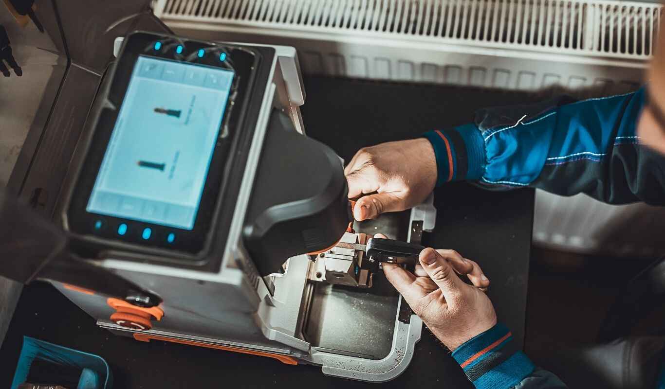 Locksmith programming a car key using a digital key-cutting and coding machine